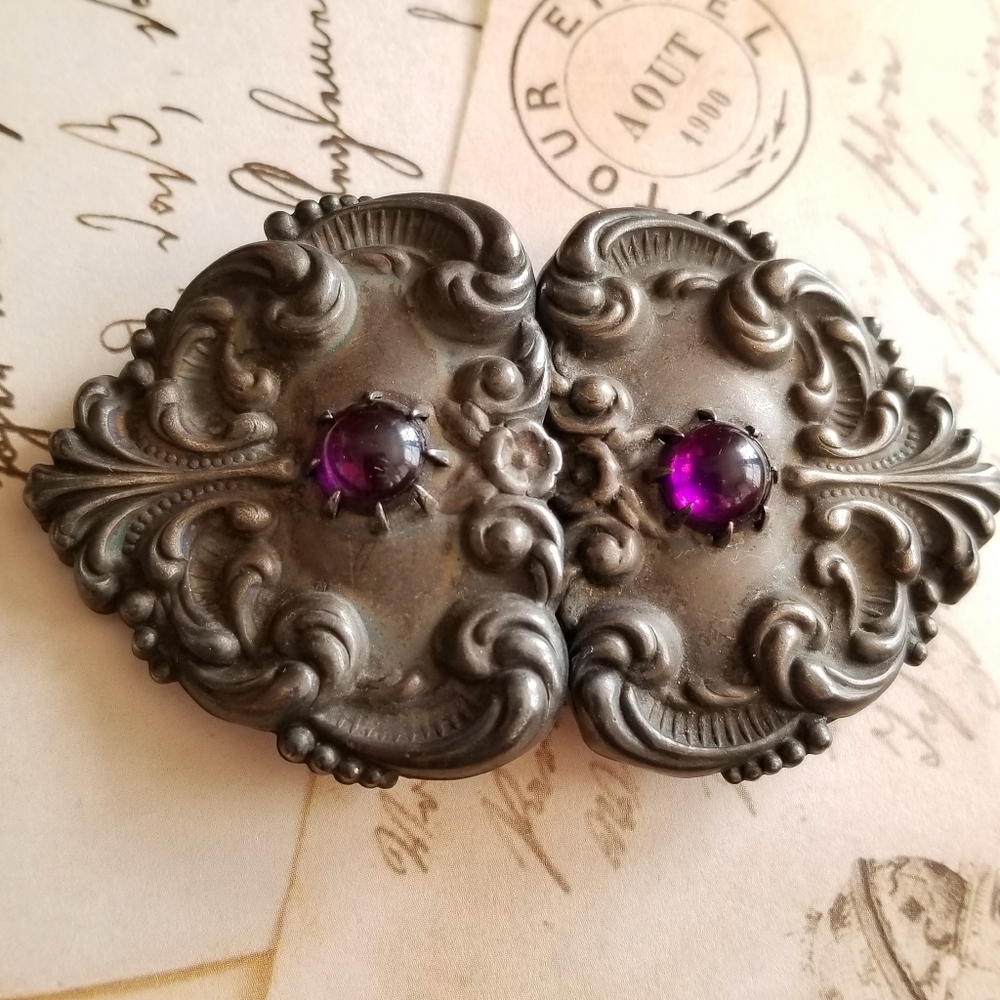 Relisted -Antique Victorian sash belt buckle purple glass cabochons black metal - Picture 1 of 13